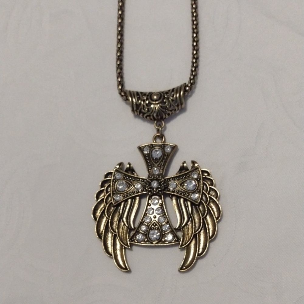 Gold-Tone Angel Wing Cross Pendant Necklace